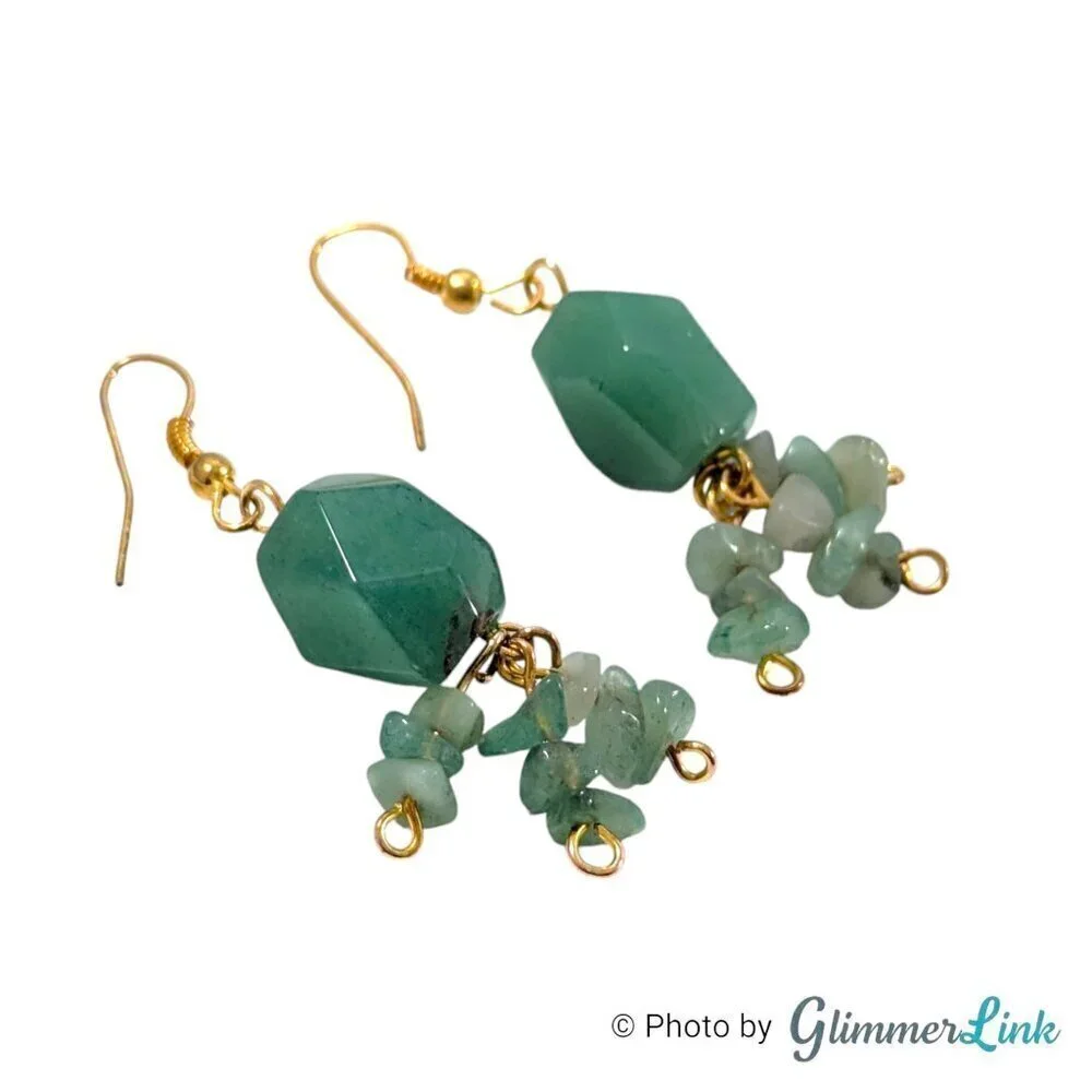 Aventurine Stone Chip Nugget Dangle Earrings & Wrap Around Bracelet Jewelry Set